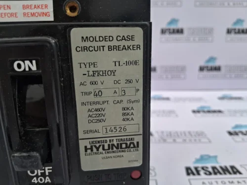 HYUNDAI ELECTRIC TL-100E 40A 3POLE MOLDED CASE CIRCUIT BREAKER - Image 8