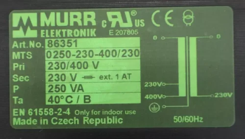 Murr EN 61558-2-4 Transformer E 207805 230/400v - Image 2