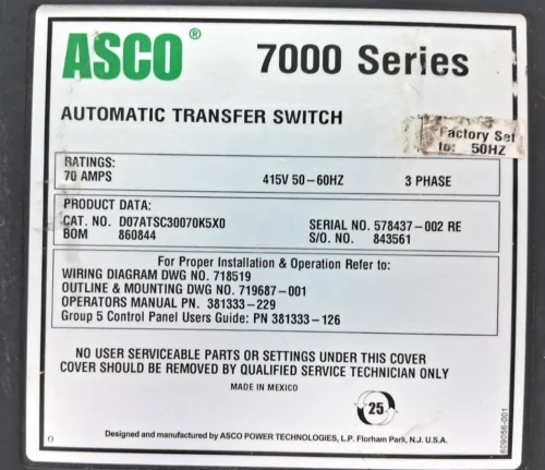 ASCO | J07ATSC3070K5X0 | 7000 SERIES | 70 AMPS | AUTOMATIC TRANSFER SWITCH - Image 7