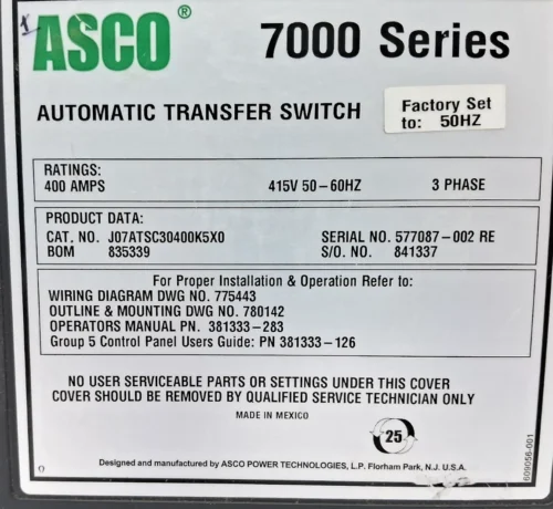 ASCO | J07ATSC30400K5X0 | 7000 SERIES | 400AMPS | AUTOMATIC TRANSFER SWITCH - Image 7