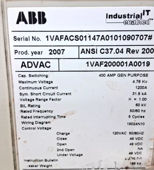 ABB ADVAC | 1VAF200001A0019 | 1200A | ANSI C37.04 REV 2001 | VACUUM BREAKER VCB - Image 2