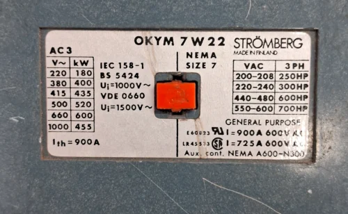 STROMBERG | OKYM7W22 | 900A | NEMA SIZE 7 | 200-600VAC | 250-700HP | CONTACTOR - Image 2