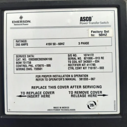 EMERSON / ASCO E00300C30260K100 POWER TRANSFER SWITCH 260AMPS 415V - Image 6