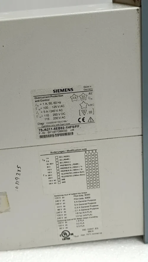 SIEMENS SIPROTEC 7SJ62 OVERCURRENT PROTECTION AND CONTROL 7SJ6211-5EB92-1HF0/FF - Image 5